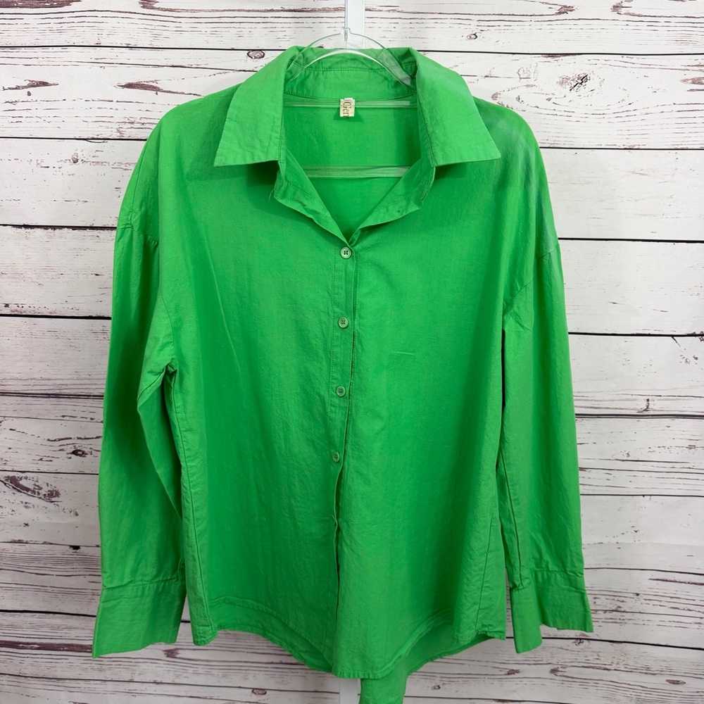 Genhoo Vibrant Green Button-Down Long Sleeve Shirt Size Large